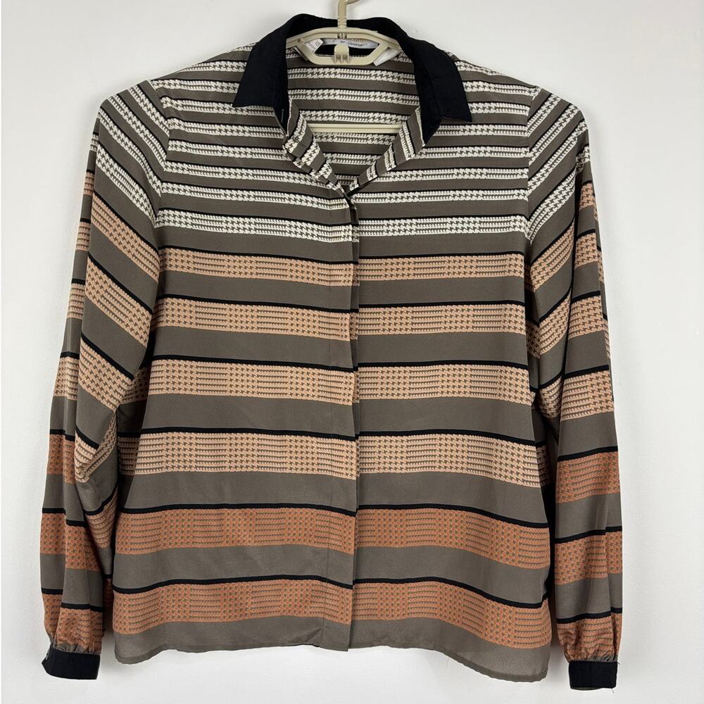 Vintage Aquascutum Button Up Blouse Stripe Neutrals Office Career size 40/ US 8